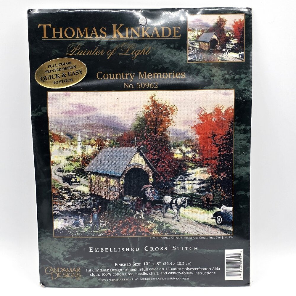 Thomas Kinkade 1999 Country Memories Covered Bridge Cross Stitch Kit 50962 Vtg.